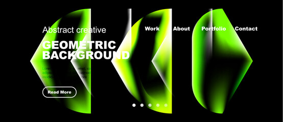 Naklejka premium Abstract green geometric background. Website mockup with navigation elements. Text overlay reads geometric background. Includes read more button.