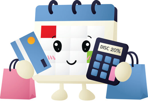 Cute calendar character holds credit card and calculator