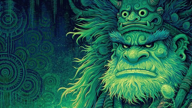 Fierce green mythical ogre with wild hair.