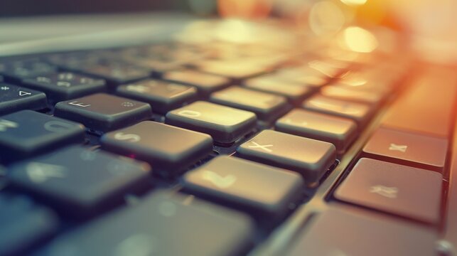 Keyboard layout features soft warm lighting that highlights the textured surface of the plastic keys in a dimly lit environment.
