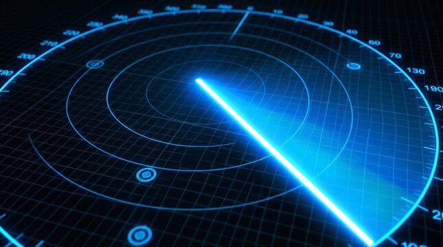 Futuristic blue radar screen with glowing sonar beam scanning on digital grid mesh