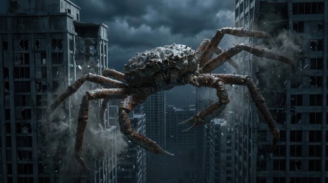 Giant crab monster destroying city buildings during a dark storm disaster