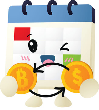 Cartoon calendar winks, holding crypto coins