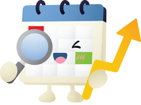 Cute calendar character holds magnifying glass and rising arrow