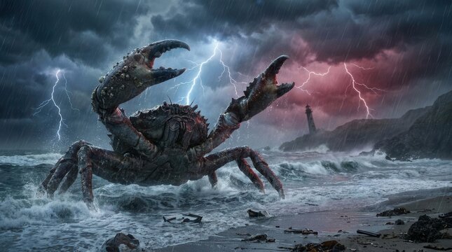 Huge surreal crab emerging from stormy ocean waves near a lighthouse