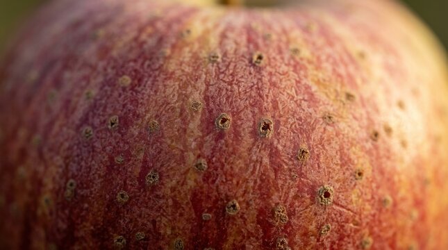 Extreme macro close-up of red apple skin texture showing organic pores