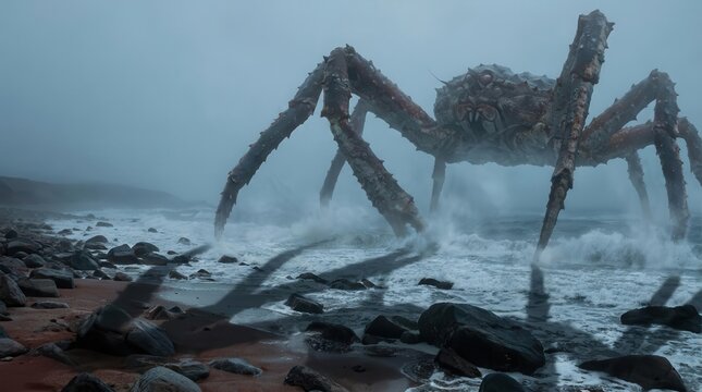 Colossal creature emerging from a foggy ocean onto a rocky beach