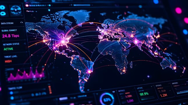Digital Global Network Connections Map with Data Visualization and Network Traffic Overlays for Technology and Communication Concepts.