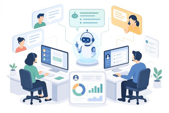 AIとカスタマーサポート担当者の協働イラスト｜Customer Support Team Collaborating with AI