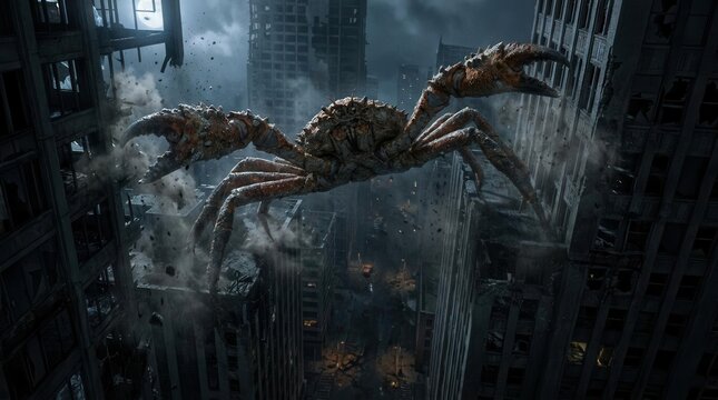 Giant creature attacking destroyed city buildings during dark night