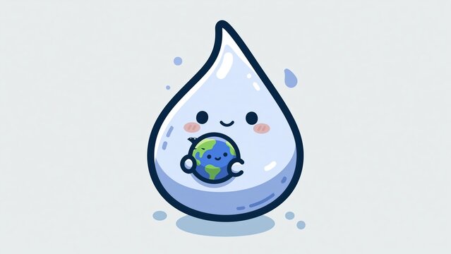 Smiling water droplet character holding tiny globe.