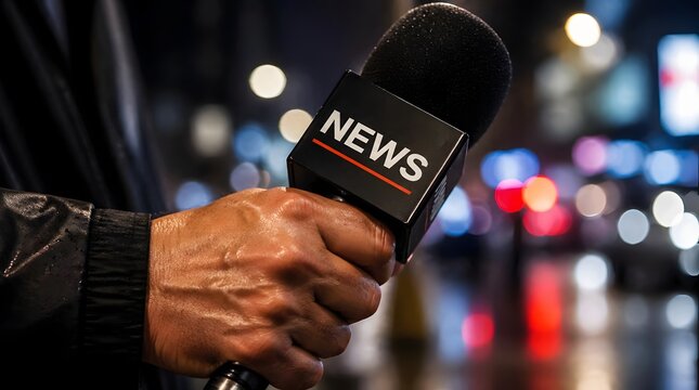 Journalist Reporting Live with Microphone at Night City Street, Media Broadcast and Journalism Concept, Professional News Gathering