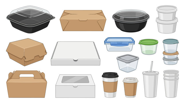 Disposable food containers and cups are arranged on a table indoors.