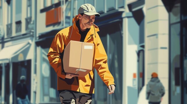 Delivery courier in a yellow jacket carries a brown cardboard box through a sunny city street.