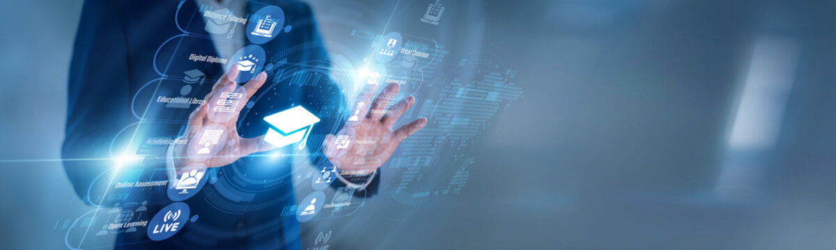 Education founder touching virtual screen with learning icons for EdTech, connecting teachers, students, courses, apps, exams, analytics, and digital classroom experiences worldwide today.
