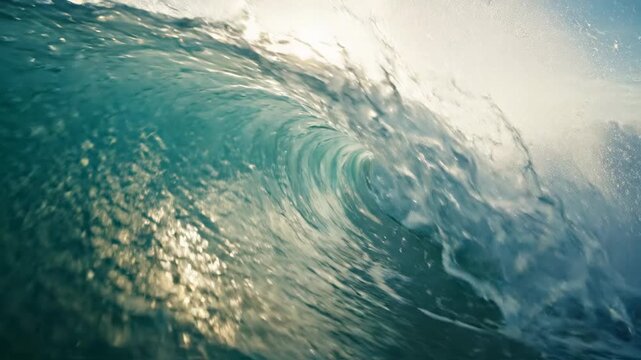 Powerful ocean wave cresting and breaking with sunlight filtering through the turquoise water, ocean spray, and foam, dynamic natural motion