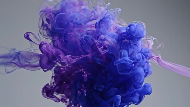 Blue and purple ink clouds colliding and swirling in water creating abstract fluid shapes, dynamic motion background