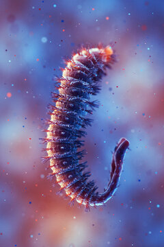 Microscopic illustration of a multi-legged parasitic worm or bacteria floating in a blurry abstract cellular environment