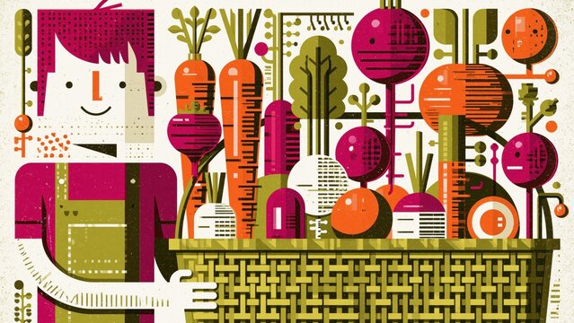 Abstract geometric illustration of person holding vegetables.