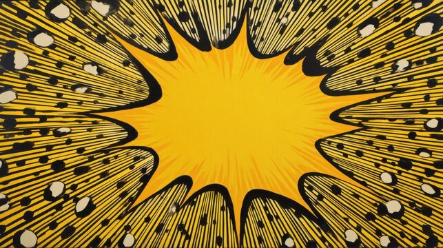 Yellow comic book starburst background. Pop art explosion graphic with black halftone lines.
