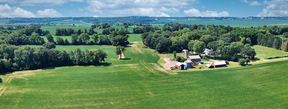 Panorama Aerial View of Farm homesteads and Corn Production Fields in South Western Wisconsin