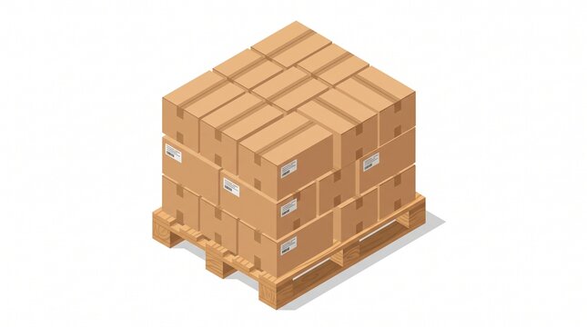 Isometric illustration of cardboard boxes stacked on a wooden pallet