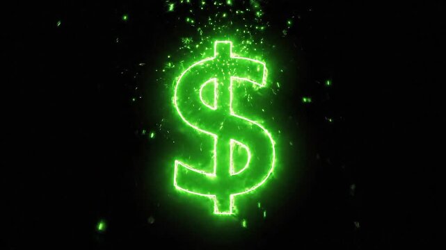 Glowing neon green dollar symbol animation on black background sign money finance currency