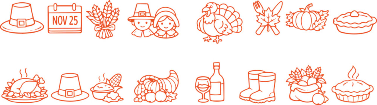 thanksgiving element set featuring pilgrims, turkey bird, cornucopia and wine on white background