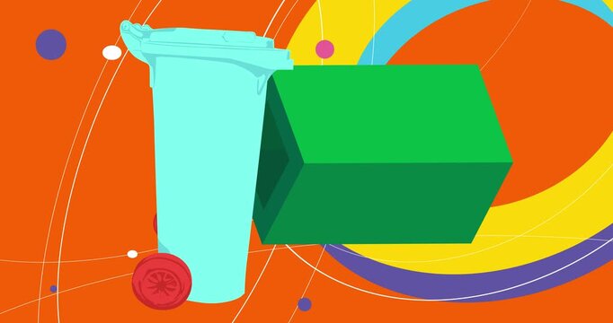 Garbage Bin geometrical graphic retro Disposal Container theme background video. Minimal geometric elements animation. Vintage abstract shapes illustration for advertising.