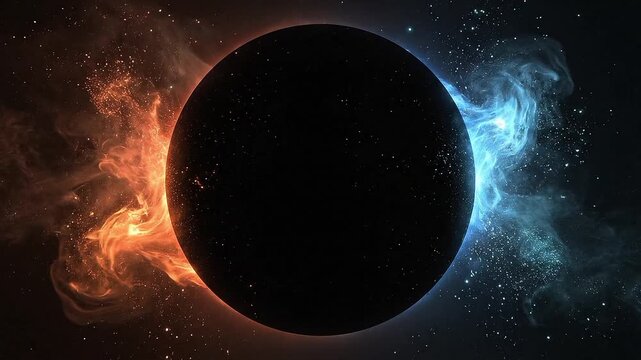 Black sphere object with side fire flames emission animation burning space planet eclipse ball