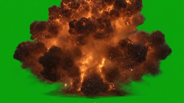 Large fiery explosion with orange flames isolated on green screen background