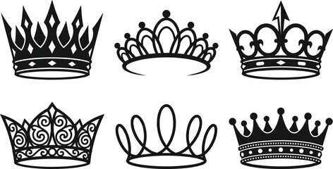 Monochrome royal crown vector illustration set featuring six unique detailed black silhouettes of king queen princess tiara and heraldic imperial emblems, © Utpal