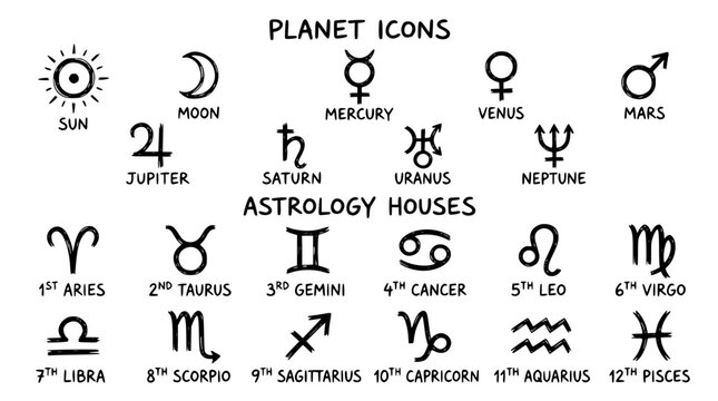 Hand drawn astrology house planet icons sun moon mercury venus mars jupiter saturn uranus neptune, black ink sketch vector illustration