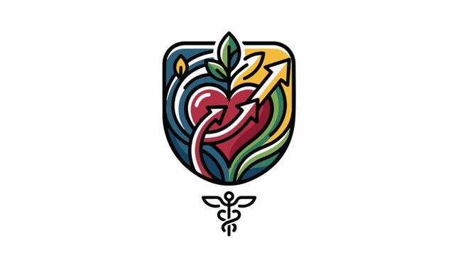 Heart with arrows and sprout within a shield medical symbol below