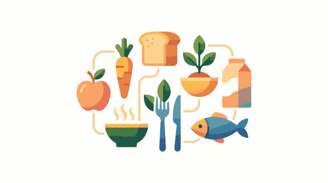 Healthy food circle with apple carrot toast plant milk fish bowl