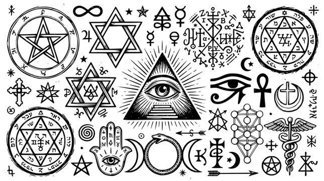 Hand drawn esoteric occult symbol icons eye pyramid all seeing sigil seal pentacle hexagram, black ink sketch vector illustration
