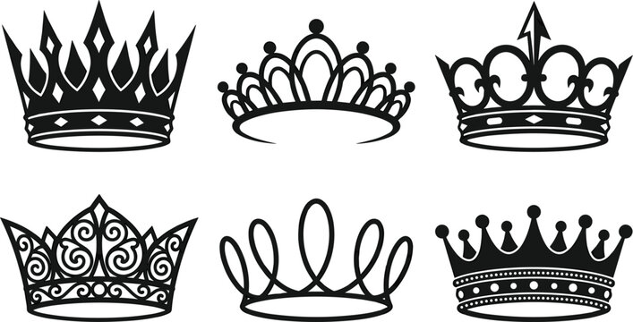 Monochrome royal crown vector illustration set featuring six unique detailed black silhouettes of king queen princess tiara and heraldic imperial emblems,
