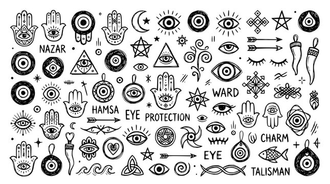 Hand drawn evil eye protection symbol icons nazar hamsa eye hand amulet charm talisman ward, black ink sketch vector illustration