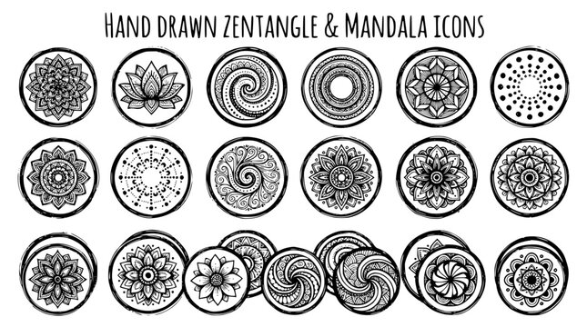 Hand drawn mandala zentangle pattern icons circle petal lotus dot spiral layer ring bloom, black ink sketch vector illustration
