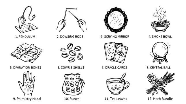 Hand drawn divination oracle icons pendulum dowsing mirror smoke bowl bone shell card, black ink sketch vector illustration
