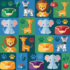Obraz premium Vector illustration of cute cartoon safari animals including lions, elephants, zebras, and giraffes in a grid pattern with paw prints, pet beds, and food bowls on colorful squares.