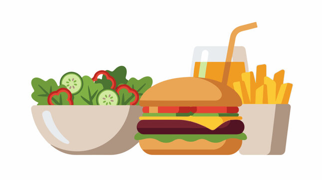 Hearty meal with a burger fries salad and beverage