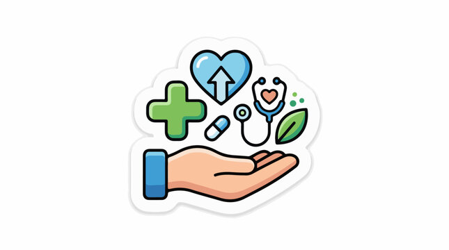 Helping hand with medical symbols heart and leaf icon