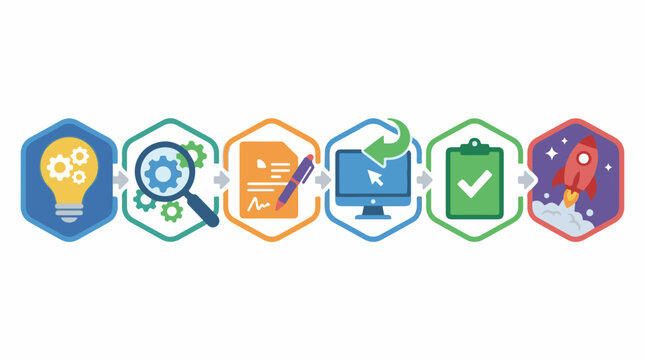 Hexagonal infographic shows a step-by-step process from idea to launch