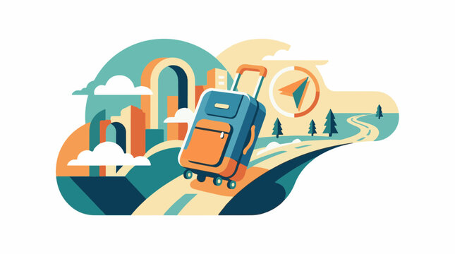 Illustration of a suitcase on a road with city and compass
