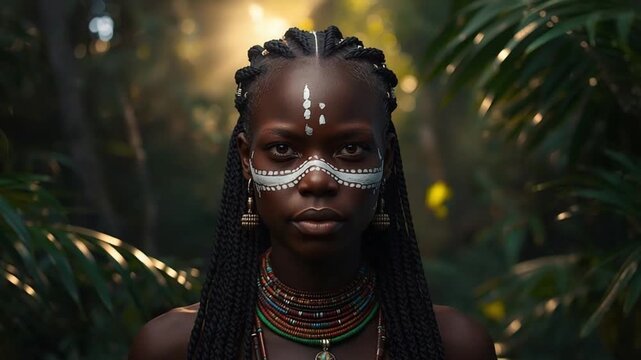 Indigenous Woman Portrait in African Jungle. 4K Video