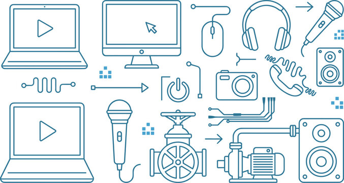 Multimedia technology and industrial engineering infrastructure vector icon set featuring laptop monitor microphone speaker camera valve and pump,