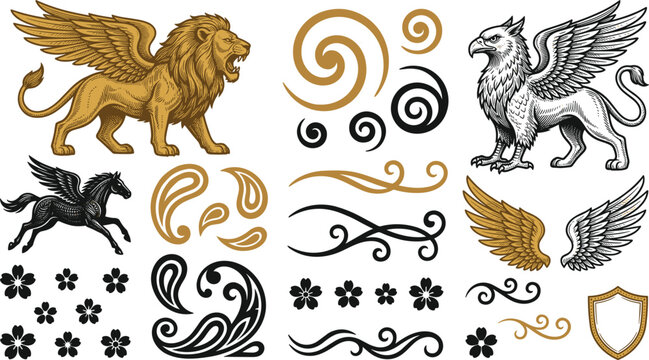 Mythological creature vintage vector illustration set featuring winged golden lion griffin pegasus horse swirls and royal heraldic ornament elements,