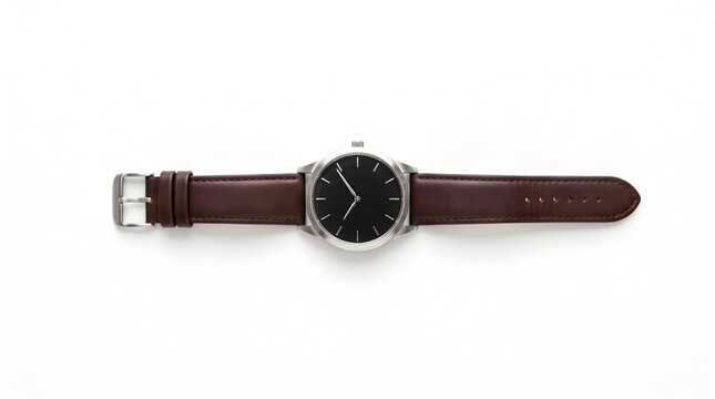Elegant minimalist wristwatch with black dial and brown leather strap isolated on white background for classic business or casual style