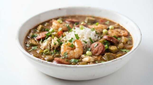 Close Up Authentic Louisiana Seafood Gumbo Shrimp Crab Sausage Okra Roux

